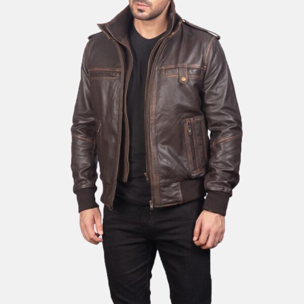 Glen Street Brown Leather Bomber Jacket - Image 3