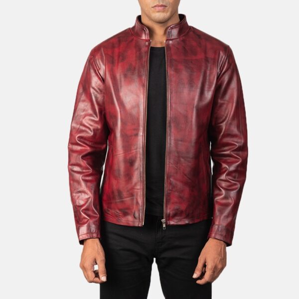 Alex Distressed Burgundy Leather Jacket - Image 3