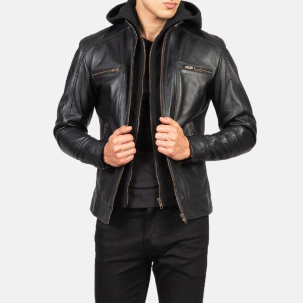 Hector Black Hooded Leather Biker Jacket - Image 3