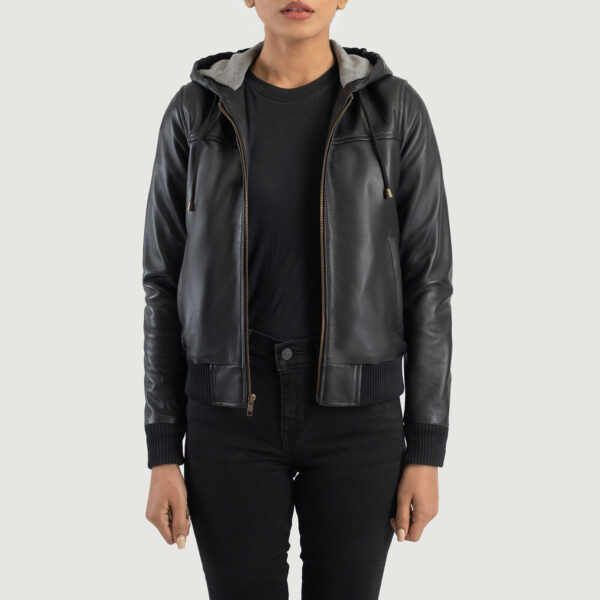 Rebella Black Hooded Leather Bomber Jacket - Image 6