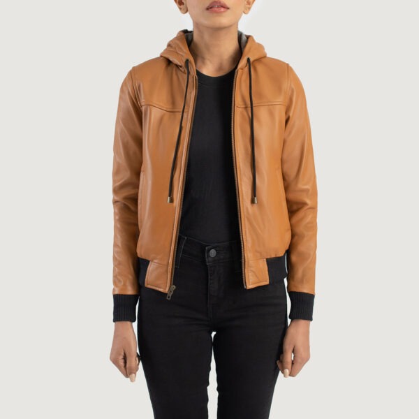 Rebella Brown Hooded Leather Bomber Jacket - Image 4