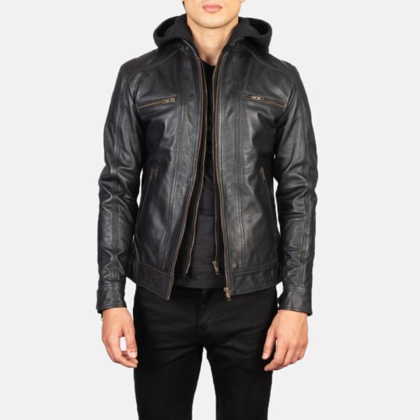 Hector Black Hooded Leather Biker Jacket - Image 4