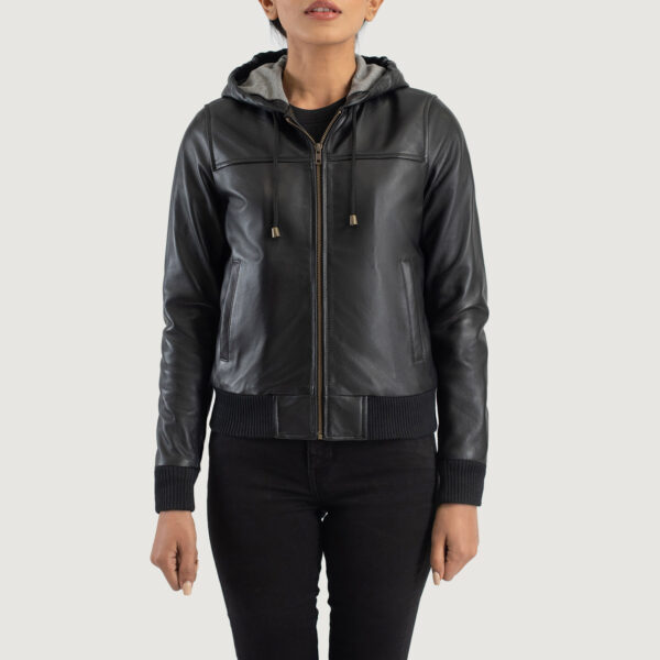 Rebella Black Hooded Leather Bomber Jacket - Image 5