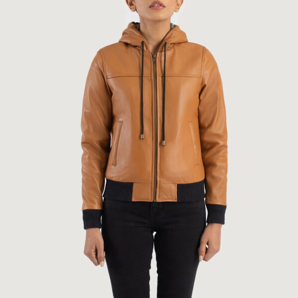 Rebella Brown Hooded Leather Bomber Jacket - Image 3