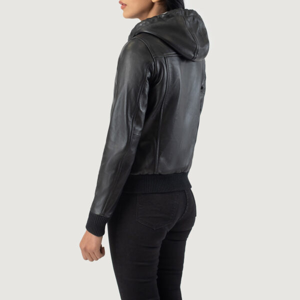 Rebella Black Hooded Leather Bomber Jacket - Image 4