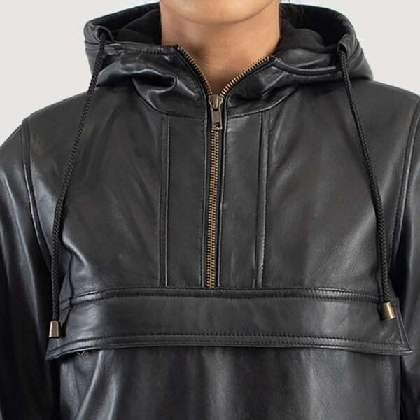 Zest Black Hooded Leather Pullover Jacket - Image 2