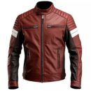 Men’s Maroon Brown Sheepskin Biker Slim Fit Stylish Quilted Moto Leather Jacket