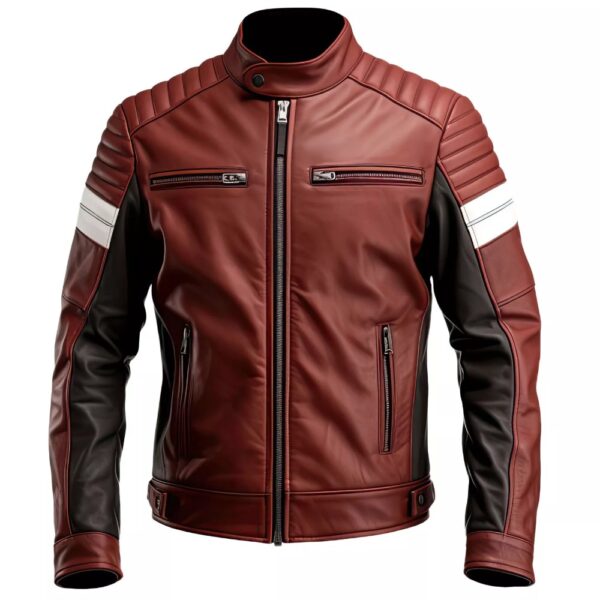 Men’s Maroon Brown Sheepskin Biker Slim Fit Stylish Quilted Moto Leather Jacket