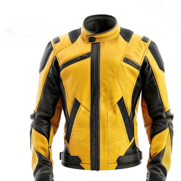 Man's Biker Leather Jacket Yellow And Black Padded Shoulder And Elbow Protection