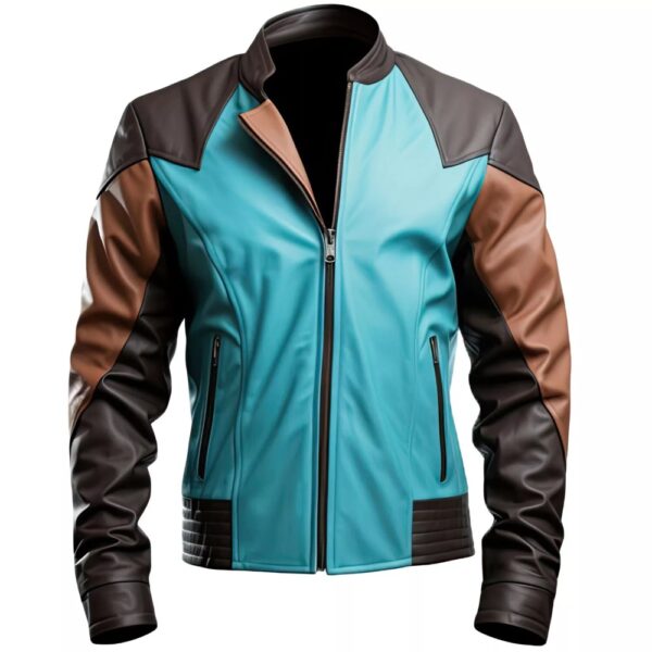 Men’s Brown Aqua Blue Genuine Sheepskin Motorcycle Lightweight Leather Jacket