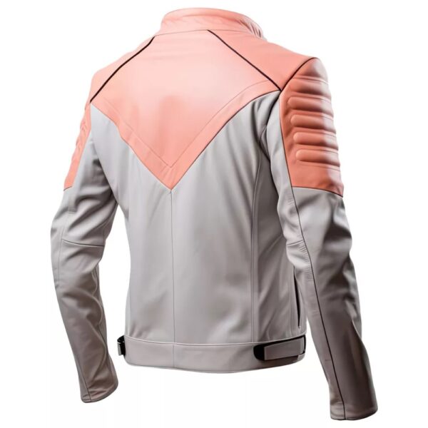 Men’s Peach Pink Grey Genuine Sheepskin Bomber Riding Moto Biker Leather Jacket - Image 2
