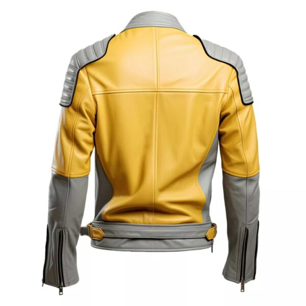 Men’s Grey Mustard Genuine Sheepskin Fashionable Café Racer Biker Leather Jacket - Image 2