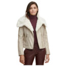 Women’s Cream Beige Leather White Shearling Big Collared Jacket