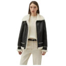 Women’s Black Leather White Shearling Collar Fur Jacket