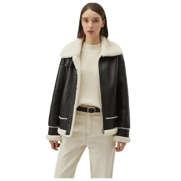 Women’s Black Leather White Shearling Collar Fur Jacket