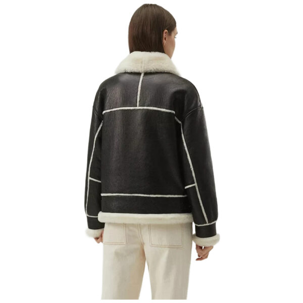 Women’s Black Leather White Shearling Collar Fur Jacket - Image 2