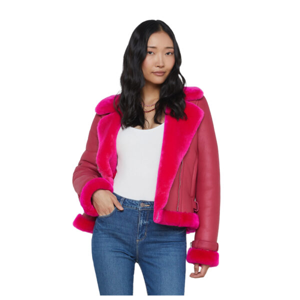 Women Fashion Style Niri Shearling Pink Leather Jacket