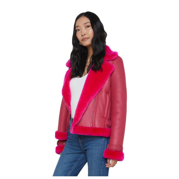 Women Fashion Style Niri Shearling Pink Leather Jacket - Image 3