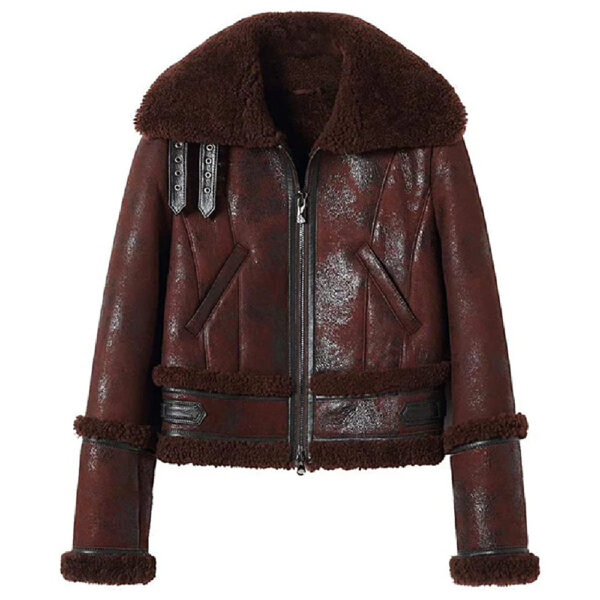Womens Fashion Style Shearling Sheepskin Moto Brown Jacket