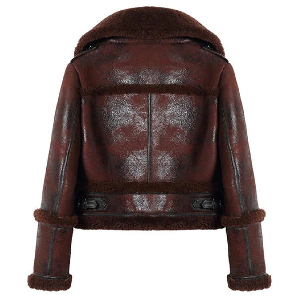 Womens Fashion Style Shearling Sheepskin Moto Brown Jacket - Image 2