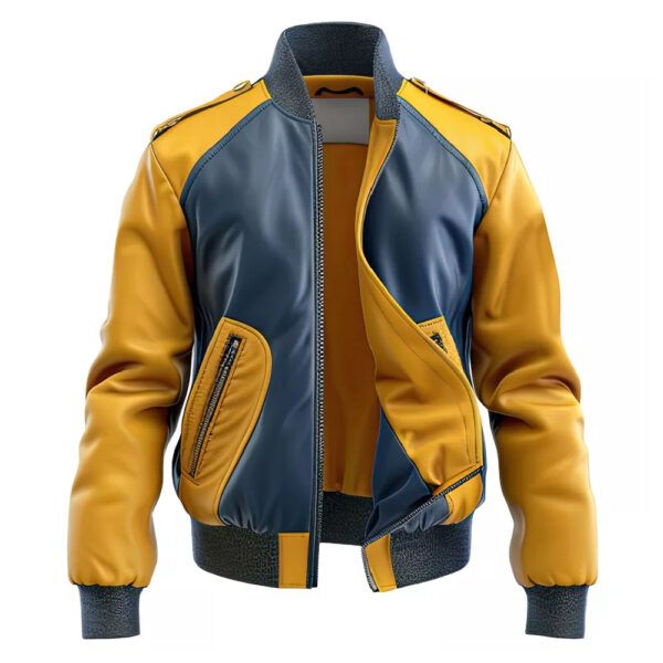 Men’s Mustard Blue Genuine Sheepskin Soft Rib Knit Sports Bomber Leather Jacket