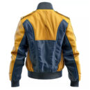 Men’s Mustard Blue Genuine Sheepskin Soft Rib Knit Sports Bomber Leather Jacket