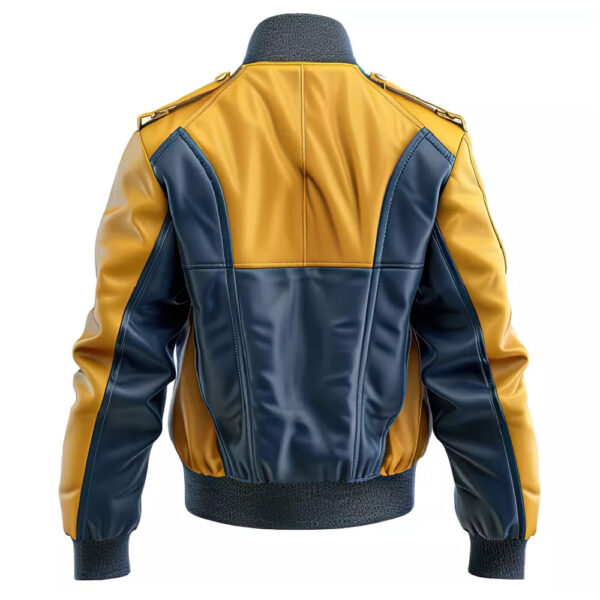 Men’s Mustard Blue Genuine Sheepskin Soft Rib Knit Sports Bomber Leather Jacket - Image 2