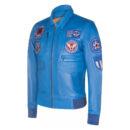 Men's Blue Leather Bomber Jacket Air Force Badge Pilot Retro Flying Jacket