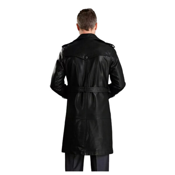 New Men's Black Leather Lambskin Trench Length Slim Fit Stylish Winter Over Coat - Image 2