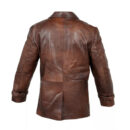 Mens Brown Distressed Cow Hide Real Leather Pea Coat Jacket