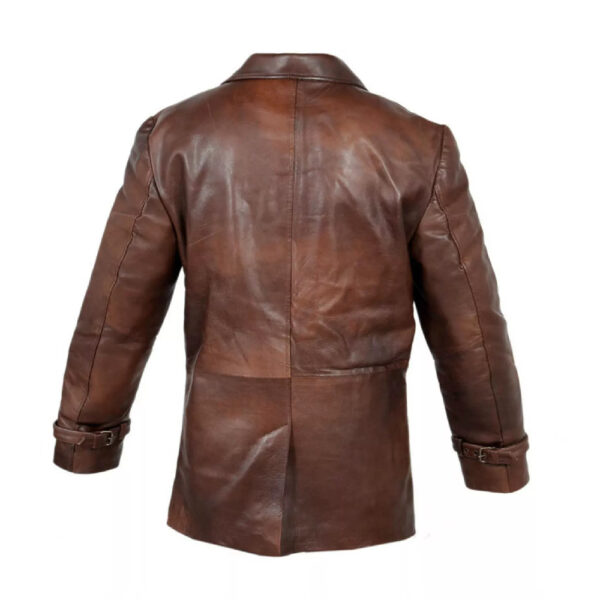 Mens Brown Distressed Cow Hide Real Leather Pea Coat Jacket - Image 2