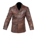 Mens Brown Distressed Cow Hide Real Leather Pea Coat Jacket