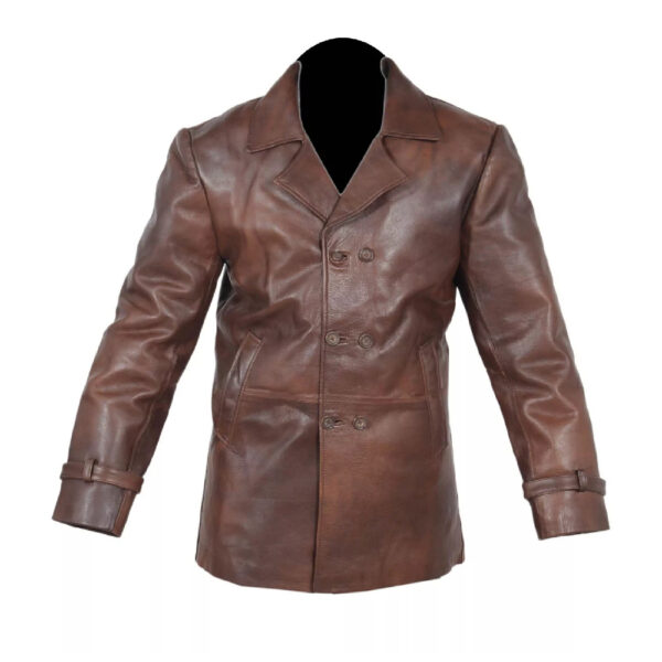 Mens Brown Distressed Cow Hide Real Leather Pea Coat Jacket