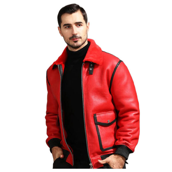 Mens Fashion Style Shearling Aviator Leather Moto Jacket In Red