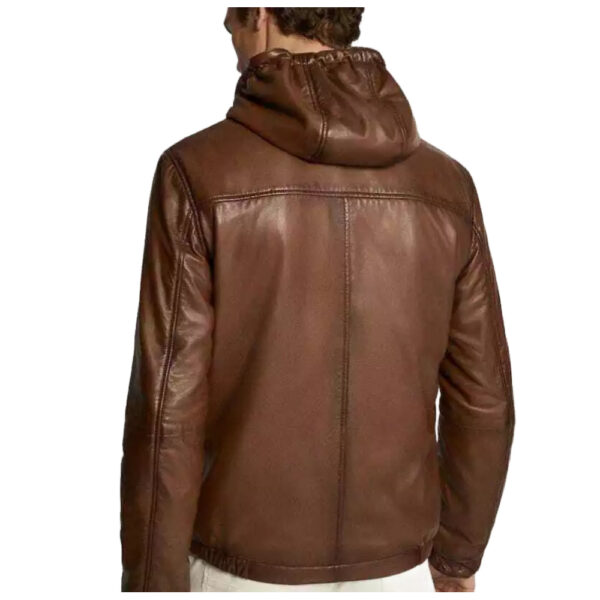 New Men's Classic Brown Genuine Lambskin Leather Jacket with Hooded - Image 2
