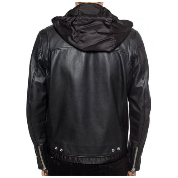 Men Fashion Style Genuine Leather Hooded Biker Jacket - Image 2