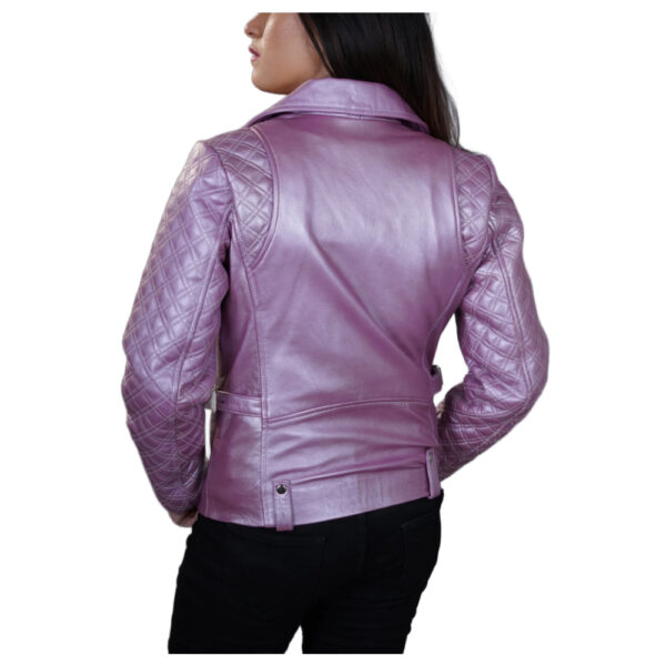 Womens Biker Genuine Leather Pink Metallic Stylish Slim Fit Quilted Lambskin Leather Jacket - Image 2