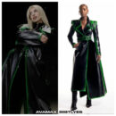 American Singer Long Leather Coat Black And Green Line
