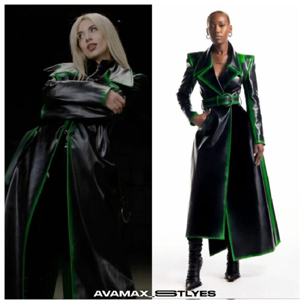 American Singer Long Leather Coat Black And Green Line