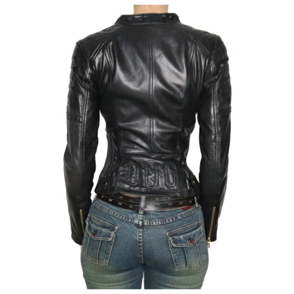 Women's Black Biker Leather Jacket Snap Button Collar Soft Lambskin - Image 2