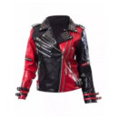 Harley Quinn Heartless Asylum Studded Biker Black & Red Leather Jacket For Women