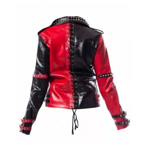 Harley Quinn Heartless Asylum Studded Biker Black & Red Leather Jacket For Women - Image 2