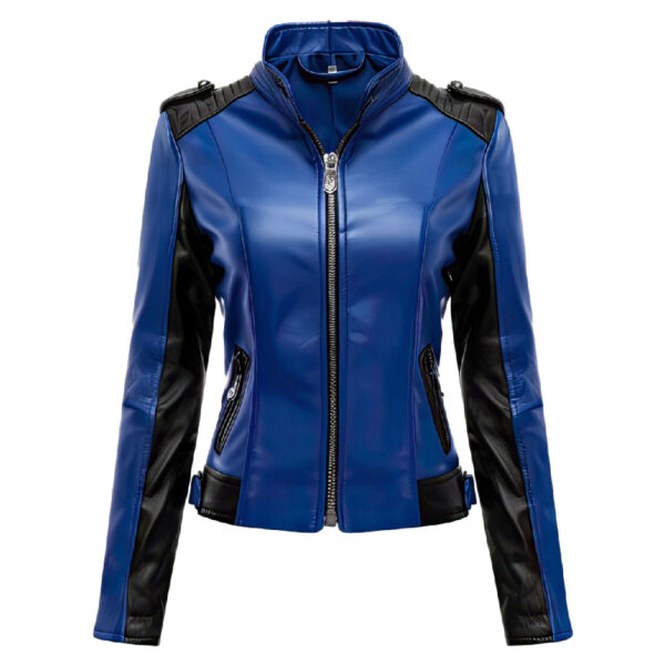 Women’s Royal Blue & Black Sheepskin Slim-Fit Biker Leather Jacket – Zip-Up Style