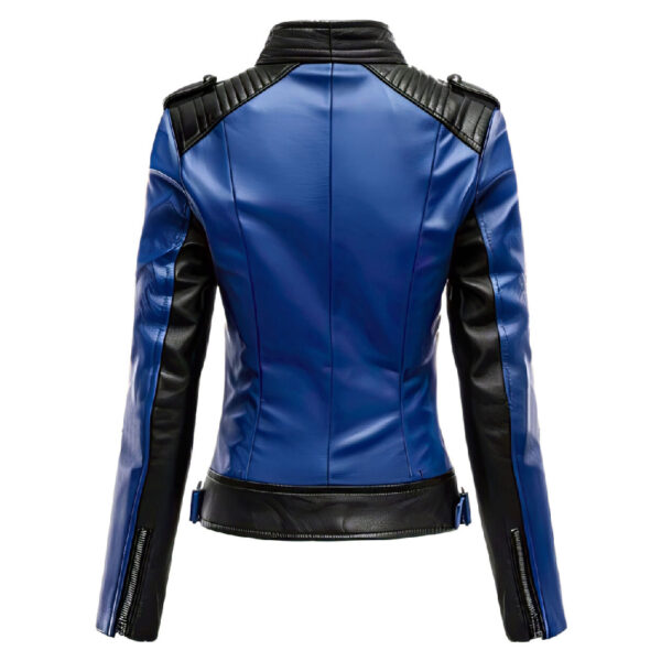 Women’s Royal Blue & Black Sheepskin Slim-Fit Biker Leather Jacket – Zip-Up Style - Image 2
