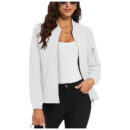 Women’s White Lightweight Bomber Jacket – Windbreaker Zip-Up Casual Moto Outerwear
