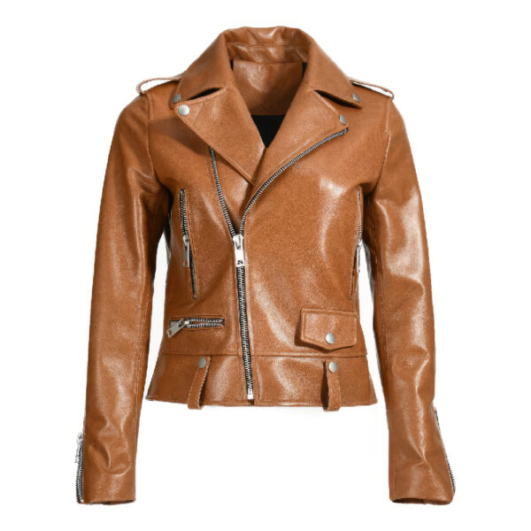 Women Brown Leather Jacket With Imitation Chest Pocket