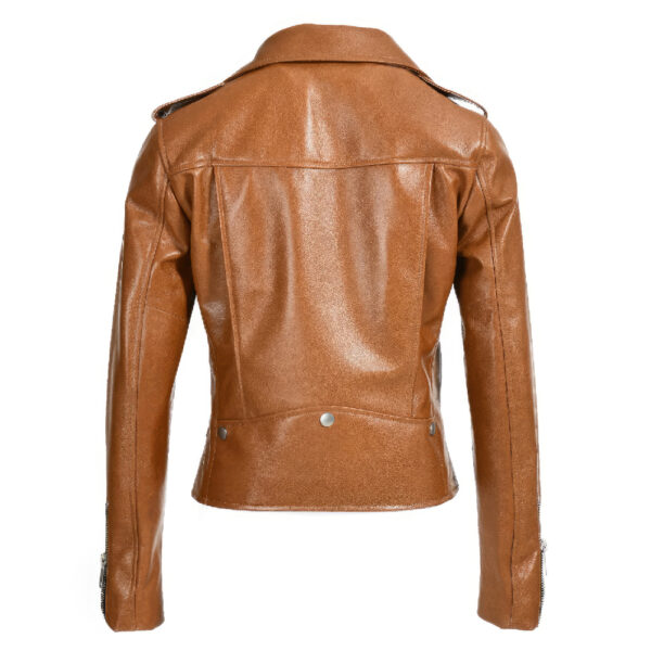 Women Brown Leather Jacket With Imitation Chest Pocket - Image 2