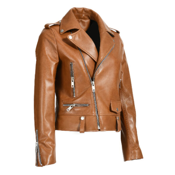 Women Brown Leather Jacket With Imitation Chest Pocket - Image 3