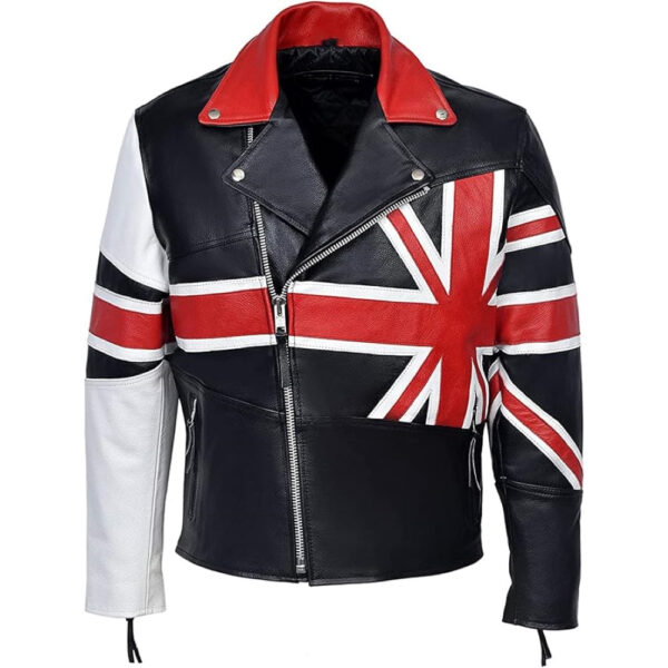 Men’s Brando Style British Flag Vintage Cafe Racer Union UK Flag Black Leather Jacket