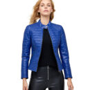 Hailey Baldwin Blue Biker Style Women’s Leather Jacket